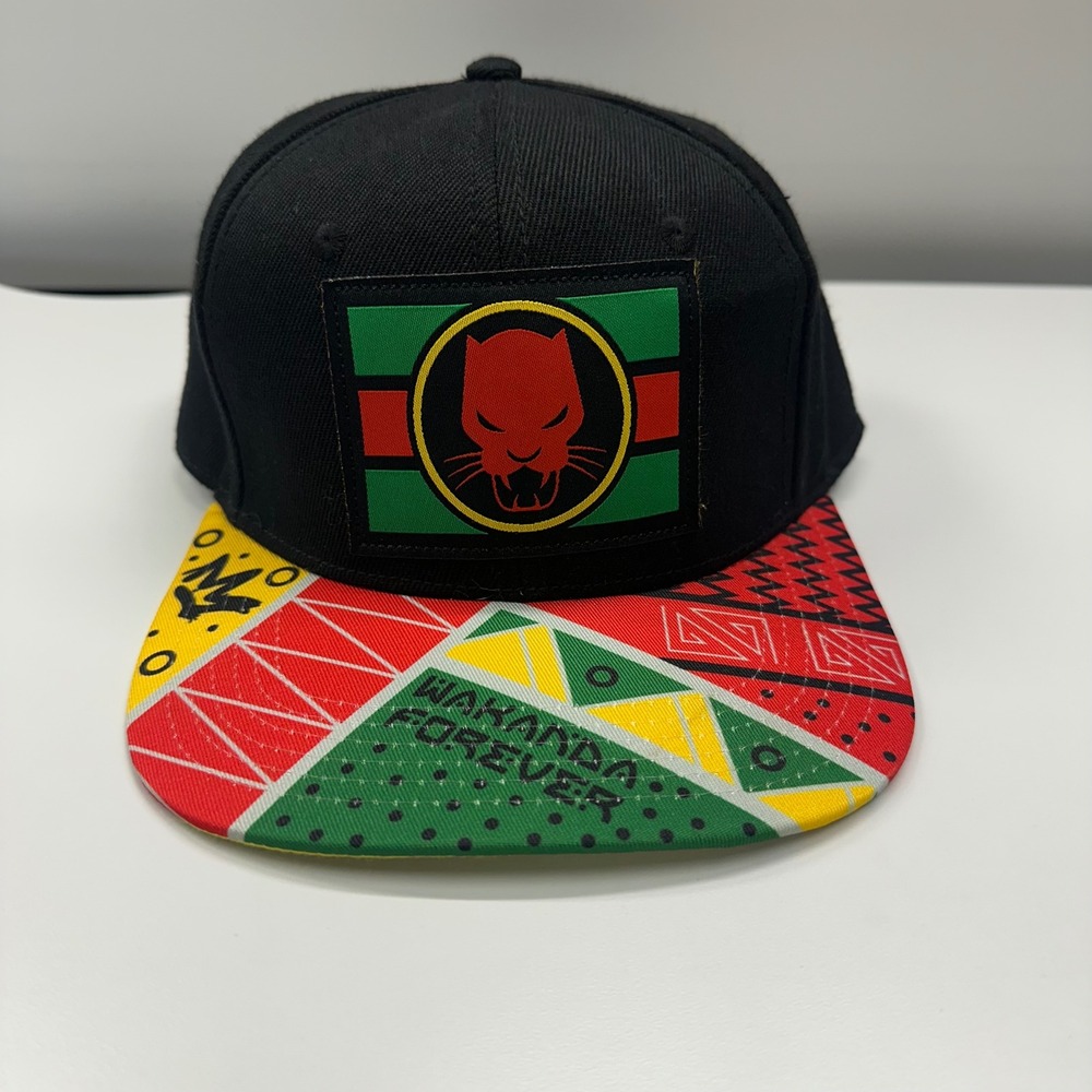 Marvel Black Panther Wakanda Forever Snapback Hat Black Patterned Brim Cap